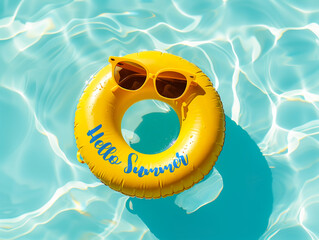 hello summer text with rubber ring in swimming pool.summer activity concepts ideas