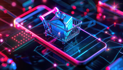 A cell phone screen shows a shopping cart with a blue box on it by AI generated image