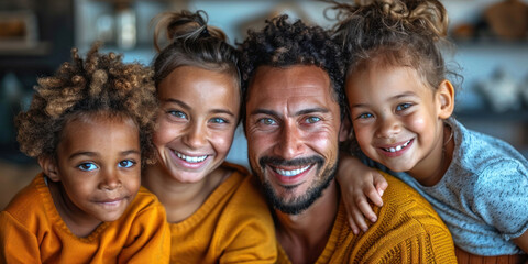 Fototapeta premium happy loving parents and their children, family photo looking at camera, family day, banner