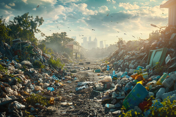 Human impact on the environment and ecology, plastic waste dump, mountains of garbage and plastic 