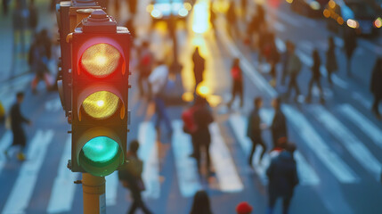 Traffic light at a pedestrian crossing, with people waiting to cross, capturing everyday urban life and city planning.