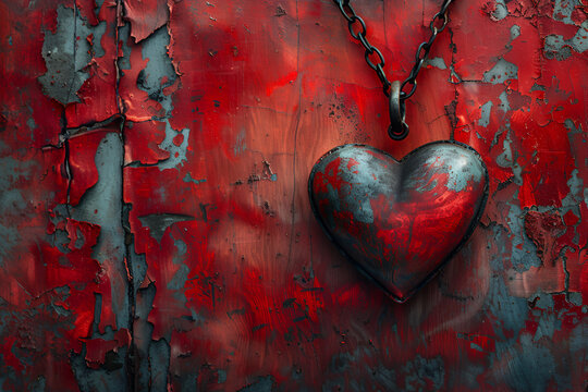 Heart-Shaped Pendant on Red Grunge Background,
A broken heart image symbolizes the pain of divorce or breakup Illustration