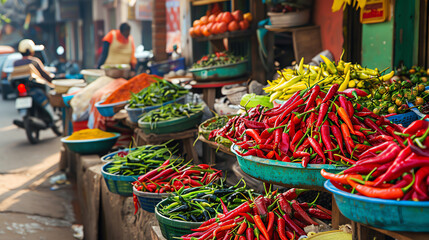 Vibrant market stall brimming with fresh chillies of various colors and sizes, the fiery reds and greens attracting cooks and food enthusiasts.