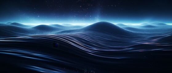 Dark and deep 3D digital ocean waves, with futuristic tech elements shimmering beneath