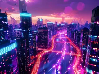 Wandaufkleber Neon Rivers Serenity: A Vibrant Digital Landscape Illuminated in Glow © Majella