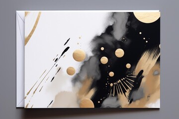 Artistic thank you card cover with abstract shapes in gold and black, presented on a solid, neutraltoned background for a luxurious feel