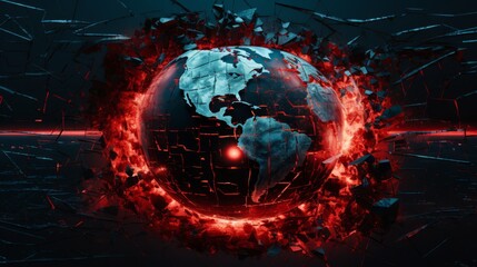 A data breach visualized as a crack spreading across a digital globe, alarming red highlights - obrazy, fototapety, plakaty