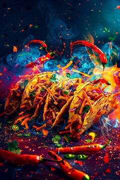 A colorful image of tacos with a lot of smoke.