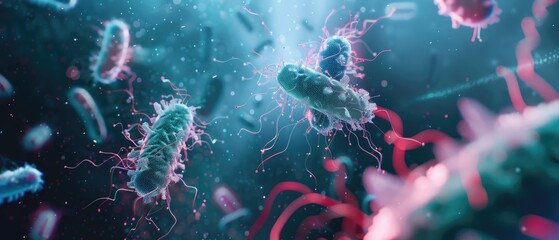3D rendered bacteria entangled with drug molecules, all under the glow of moody, cinematic lighting in a scientific setting,