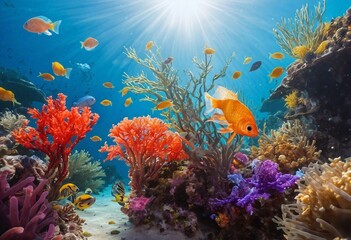 Fototapeta na wymiar Tropical Marine Mosaic: Colorful Fish, Coral, and Jellyfish Together
