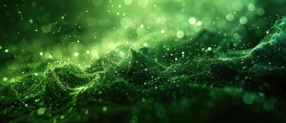 A captivating green glow particle abstract background is brought to life with cinematic lighting, casting dramatic shadows and highlights for added depth,