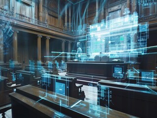 courtroom holographic evidence presentation futuristic technology legal case perspective viewing perspective court trial virtual reality concept modern science fiction image illustration.