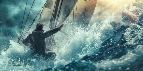 Obraz premium Courage and leadership to win business success, teamwork to help survive crisis, challenge or risk taker concept, businessman captain point finger to lead team sailing boat to survive big wave storm.