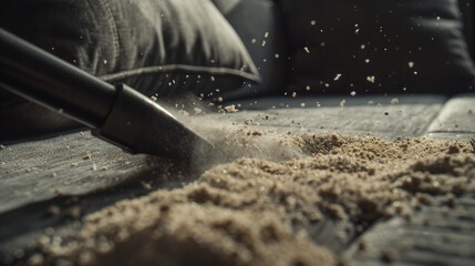 A dynamic scene showing a vacuum nozzle sucking up crumbs from a modern sofa bed, with a focus on the crisp and clean result, perfect for a household setting