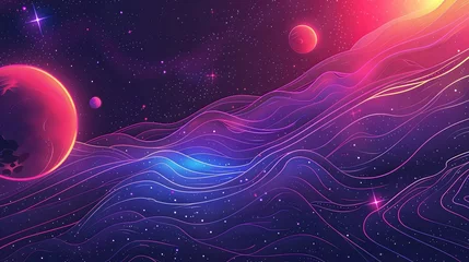 Foto auf Alu-Dibond Vibrant digital artwork of a stylized space scene with undulating landscapes and celestial bodies. © Beautiful