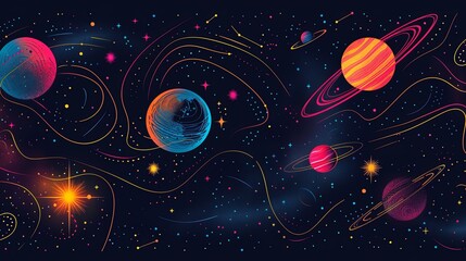 Fototapeta premium Vibrant digital artwork of a stylized space scene with undulating landscapes and celestial bodies.