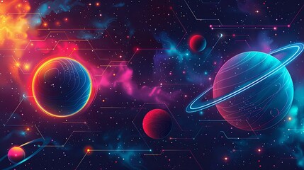 Vibrant digital artwork of a stylized space scene with undulating landscapes and celestial bodies. - obrazy, fototapety, plakaty
