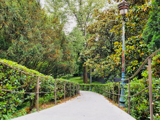 walking path at Jardin du Grand Rond ou Boulingrin, an historic park includes a fountain, gazebo &...