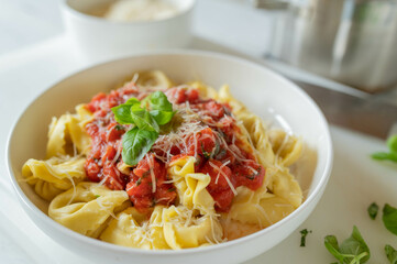 Tortellini with fresh tomato sauce and grated parmesan cheese on a plate
