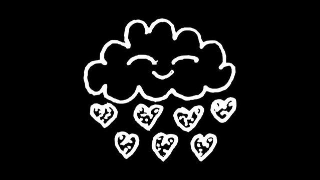White wiggly hand drawn smiling cloud with heart rain doodle animation         