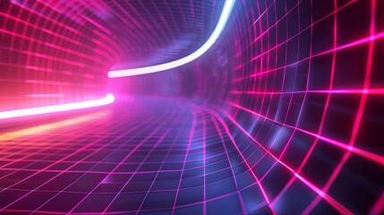 Abstract digital landscape with a glowing neon grid and dynamic lights. - obrazy, fototapety, plakaty