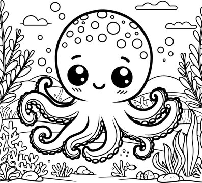 Personnage h&eacute;ros pieuvre &agrave; colorier, ressource pour page ou livre de coloriage. Dessin au trait line art, pour enfant ou adulte. Trait isol&eacute;  fond transparent