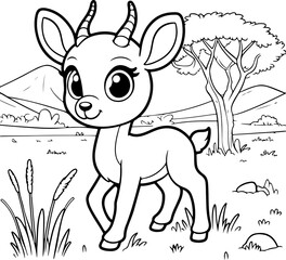 Personnage h&eacute;ros biche, cerf &agrave; colorier, ressource pour page ou livre de coloriage. Dessin au trait line art, pour enfant ou adulte. Trait isol&eacute;  fond transparent