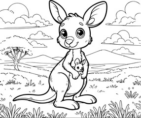 Personnage h&eacute;ros kangourou &agrave; colorier, ressource pour page ou livre de coloriage. Dessin au trait line art, pour enfant ou adulte. Trait isol&eacute;  fond transparent