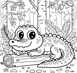 Personnage héros crocodile à colorier, ressource pour page ou livre de coloriage. Dessin au trait line art, pour enfant ou adulte. Trait isolé  fond transparent