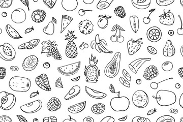 Seamless pattern of fruits and berries in doodle style. Pineapple, strawberry, papaya, raspberry, avocado, orange, peach, lemon, banana, apple, pear, watermelon, kiwi, cherry. Hand drawn