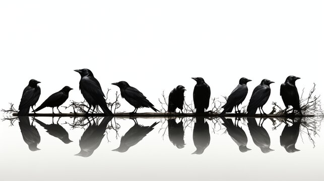"Black Crows Silhouetted Against a Clean White Background, Captured in Realistic HD Detail."