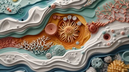 3D illustration of a coral reef with various types of coral and fish.