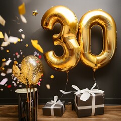 Gold helium birthday balloons number 30 inside a party room with confetti burst and nicely packed gifts