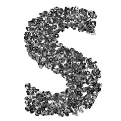 Letter S is created using steel threaded nuts, 3D render