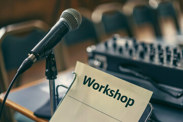 A blank note with the words "Workshop" written on it, placed alongside a microphone, speaker podium, and audience seating. 