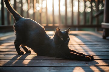 Dark furred cat luxuriates in sun rays on deck, exuding tranquility and warmth - obrazy, fototapety, plakaty