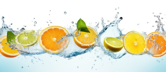 Citrus fruits like oranges, lemons, and limes dropping into a pool of water