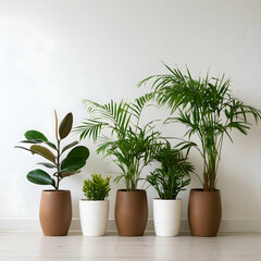 Fototapeta premium a captivating visual composition featuring vibrant green living plants arranged in brown and white vases, displayed against a clean white wall background. The juxtaposition of natural elements against