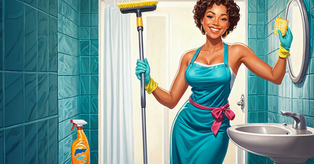 Pop art retro drawing, smiling housewife cleaning the bathroom