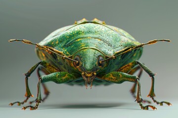 A green bug with brown spots on its head and body