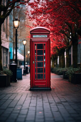 Vintage red phone booth captured on a peaceful city walkway, offering a splash of color and nostalgia in an otherwise tranquil urban scene