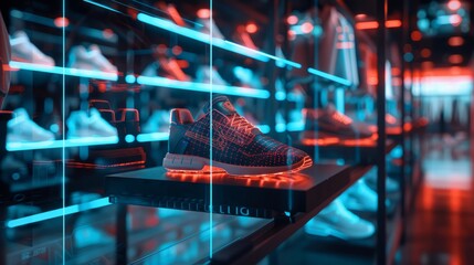 A single sneaker glows under the futuristic neon lights of an advanced high-tech shoe store display.