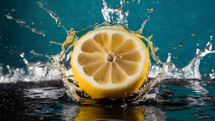 An half lemon is being splashed with water and the background is a splash of water, photo - obrazy, fototapety, plakaty