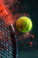 A macro shot of a yellow Tennis Ball hitting a Racket with an Explosion effect of red powder