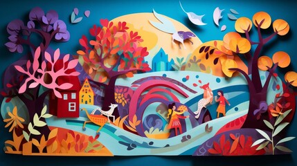 Colorful papercut illustration for a childrens storybook, featuring whimsical scenes made from layered paper, perfect for engaging young minds