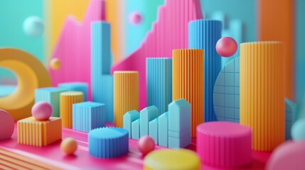 A 3D render of a colorful city with pink, blue, and yellow buildings.