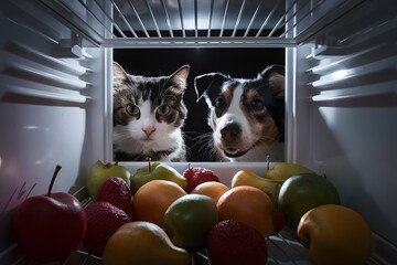 Cat and dog curiously explore fridge filled with fruits, bathed in dim light, creating captivating contrast