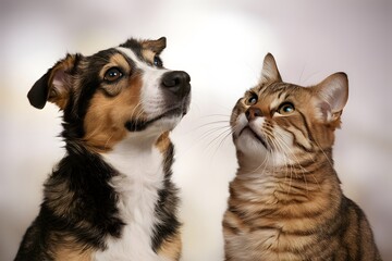 Dog and cat gazing up curiously, sharing mirrored expressions, in front of neutral background