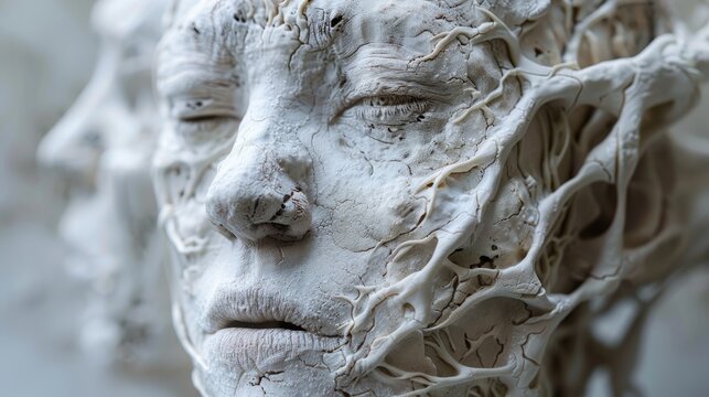 A 3D rendering of a highly detailed sculpture of a human face with intricate organic-like textures.