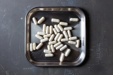 antipsychotic medication capsules on steel tray treatment for mental health disorders top view